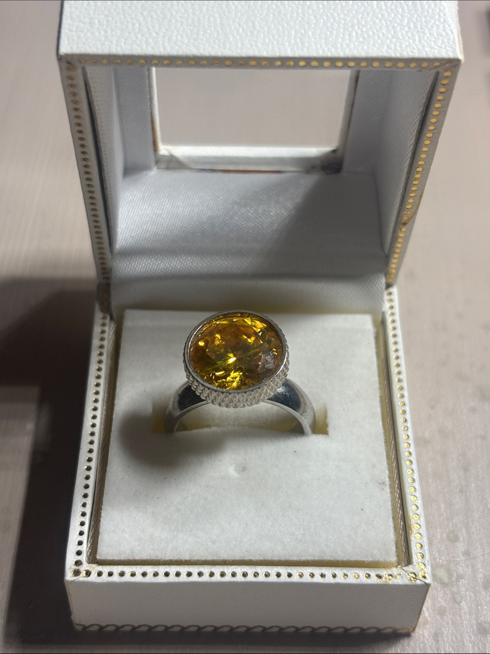 Silver Ring with Yellow Round Gemstone - Size 8